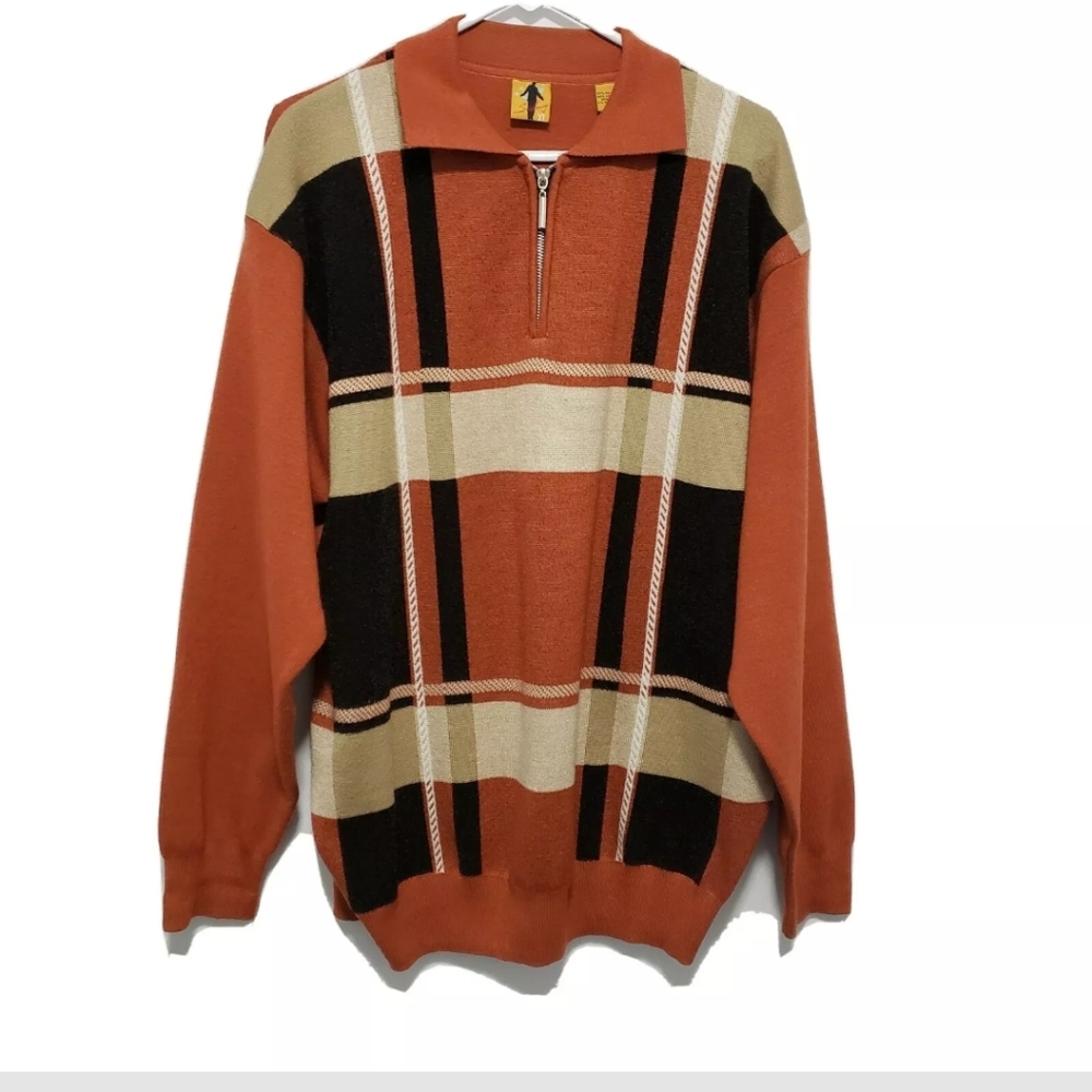 Vintage Men's Silk Blend Plaid Sweater Rust Orange Cream Brown Size XL